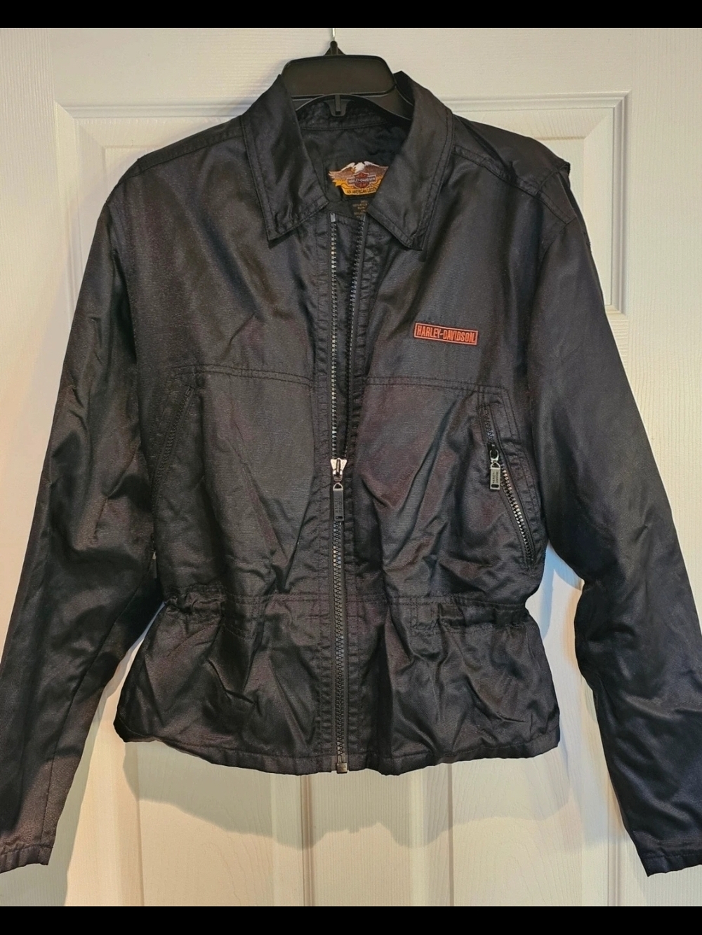Ladies Nylon Harley-Davidson Black Riders Jacket with Orange Logo. Large.